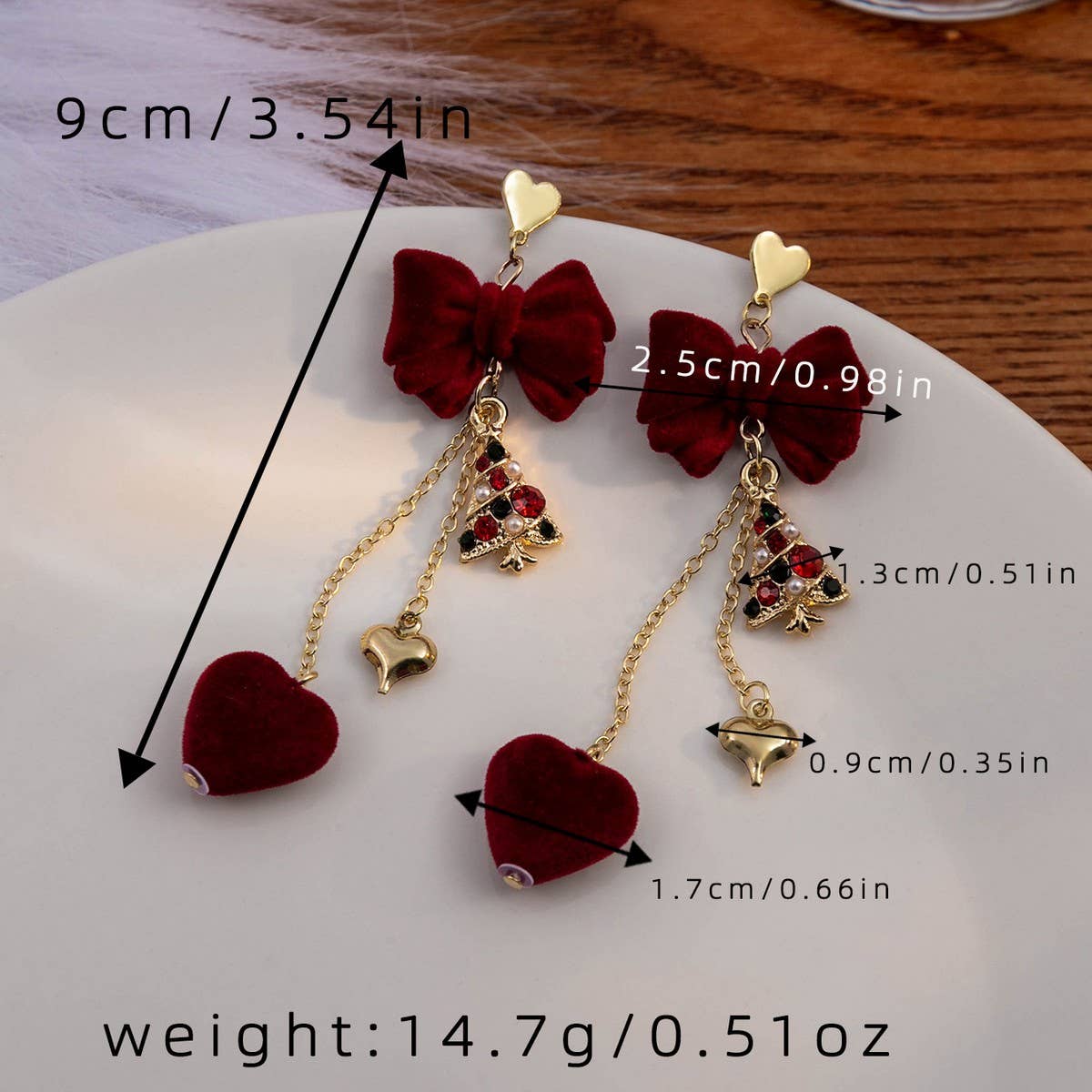 NEW BURGUNDY BOW LONG HEART EARRINGS