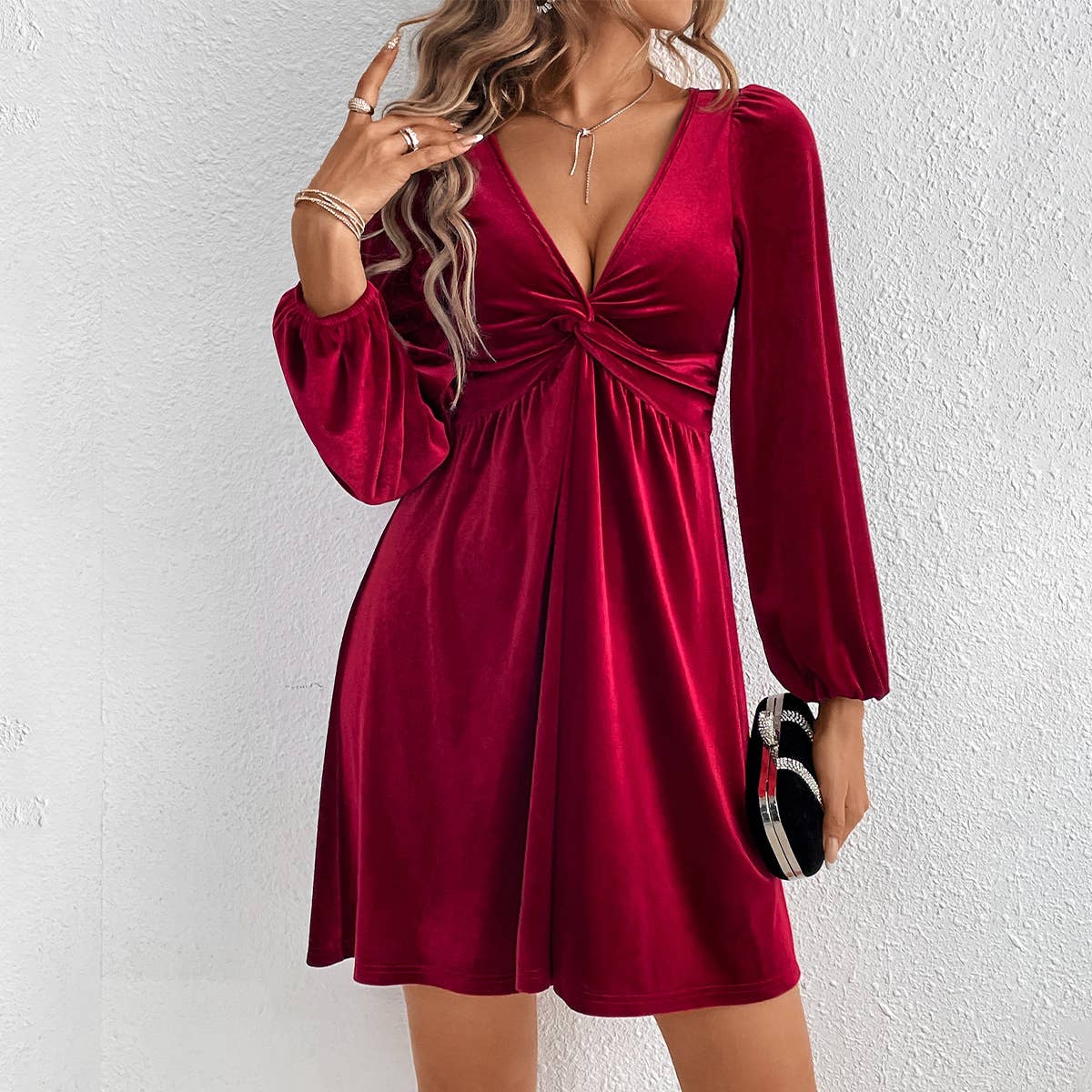 SEXY V NECK A LINE LONG SLEEVE PARTY VELVET DRESS_CWDSD3219