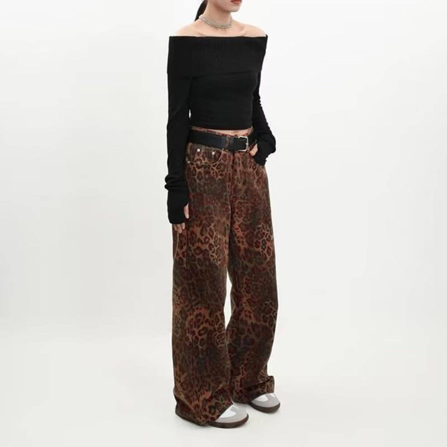 Retro leopard print loose casual wide-leg jeans