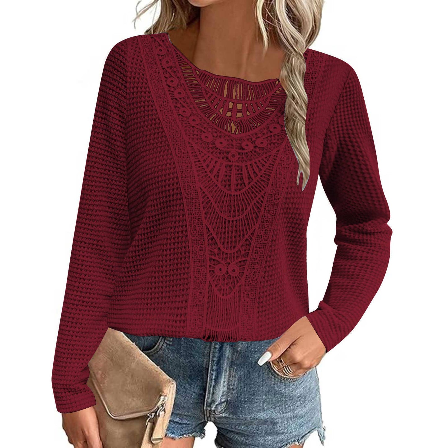 Solid-color teak lace patchwork top T-shirt