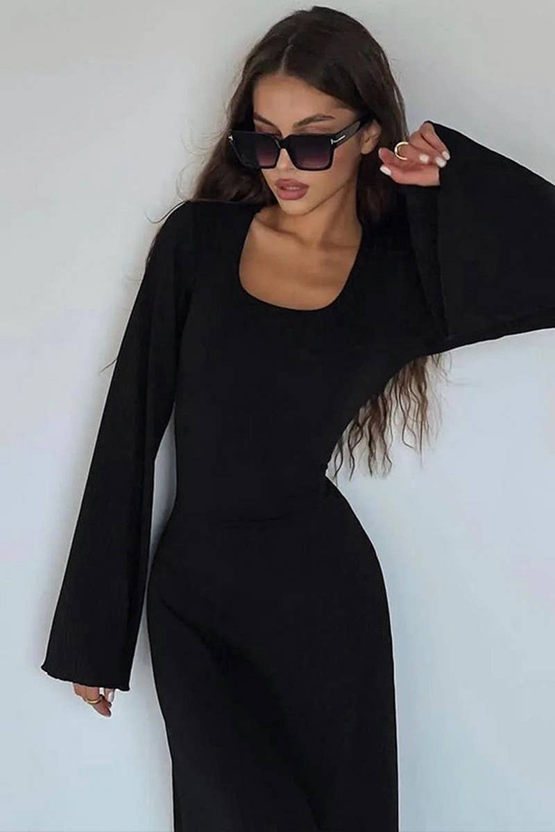 CWDMD4948_OVERSIZED TIE-DETAIL RIBBED LONG SLEEVE DRESS