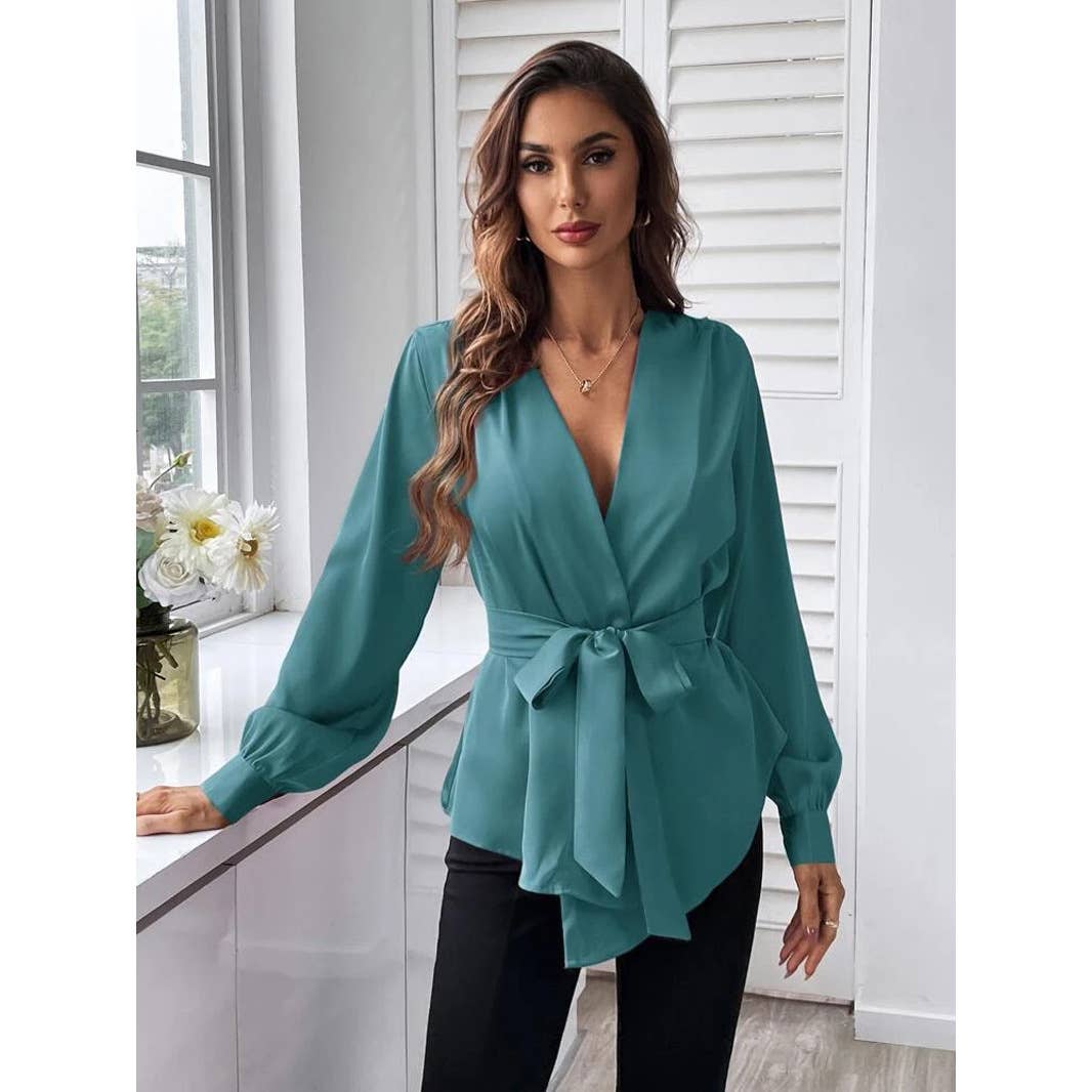 V-NECK SOLID COLOR BELTED ASYMMETRICAL HEM SHIRT