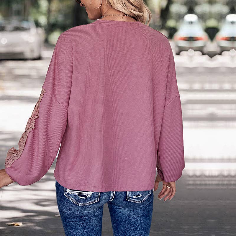 V-NECK WOMEN'S LACE STITCHING T-SHIRT LONG SLEEVE