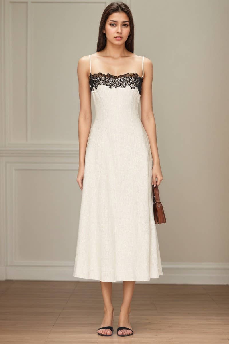 CWDMD6403_LACE COLORBLOCK OFF SHOULDER STRAP SUMMER DRESS