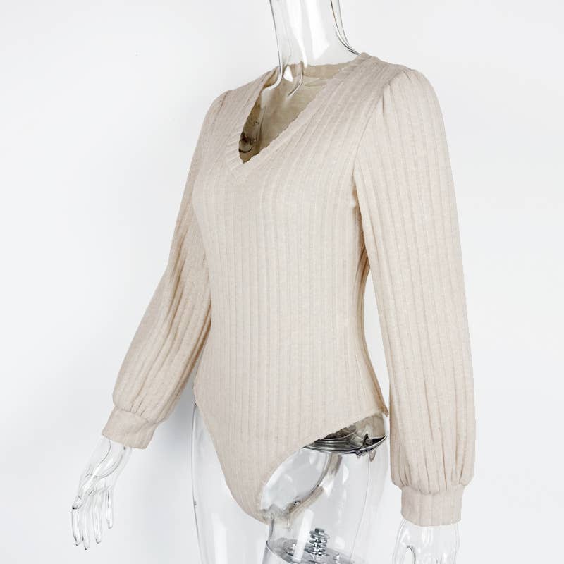 Lantern sleeve long sleeve V knit bodysuit