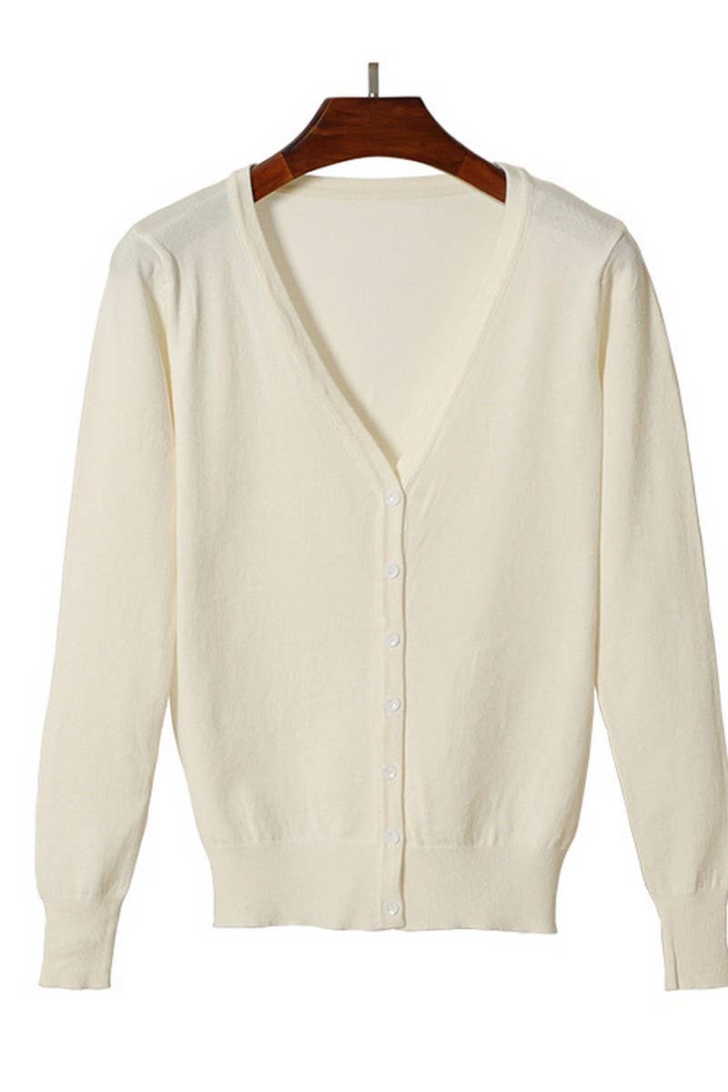CWOCAL2074_V-NECK SOLID COLOR LONG-SLEEVED KNITTED CARDIGAN