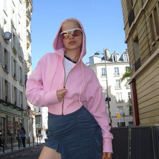 THREAD WAIST SLIMMING ZIPPER HOODED LOOSE JACKET