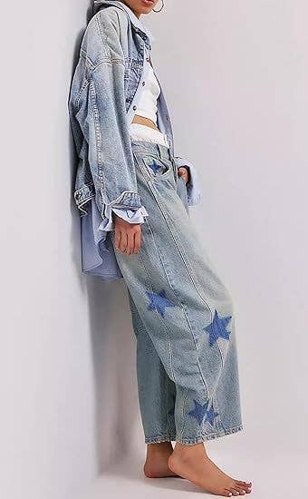 Low-waisted non-elastic washed embroidered jeans