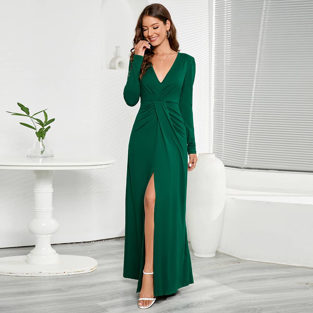 V-neck long-sleeved solid color fitted dress