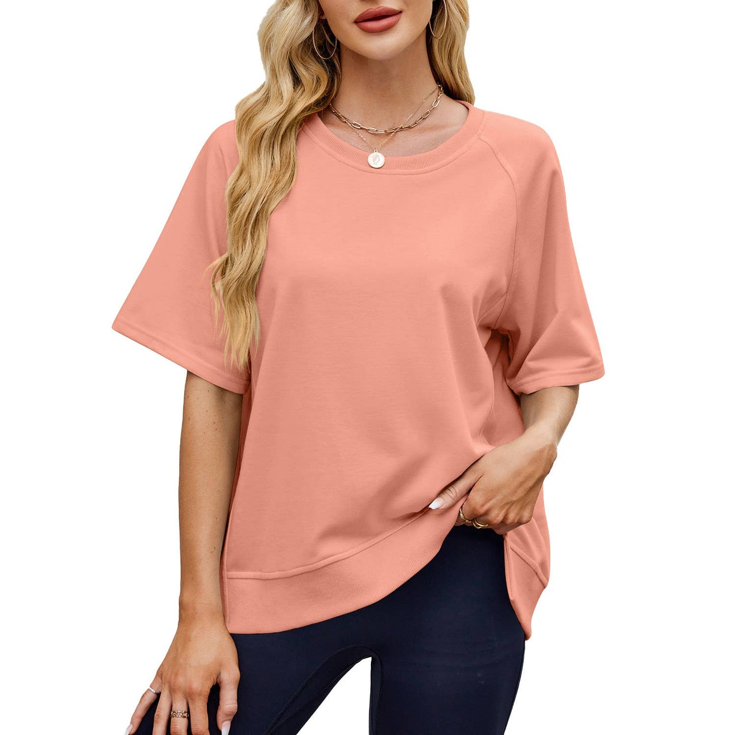 Solid color screw-neck loose short-sleeved hoodie