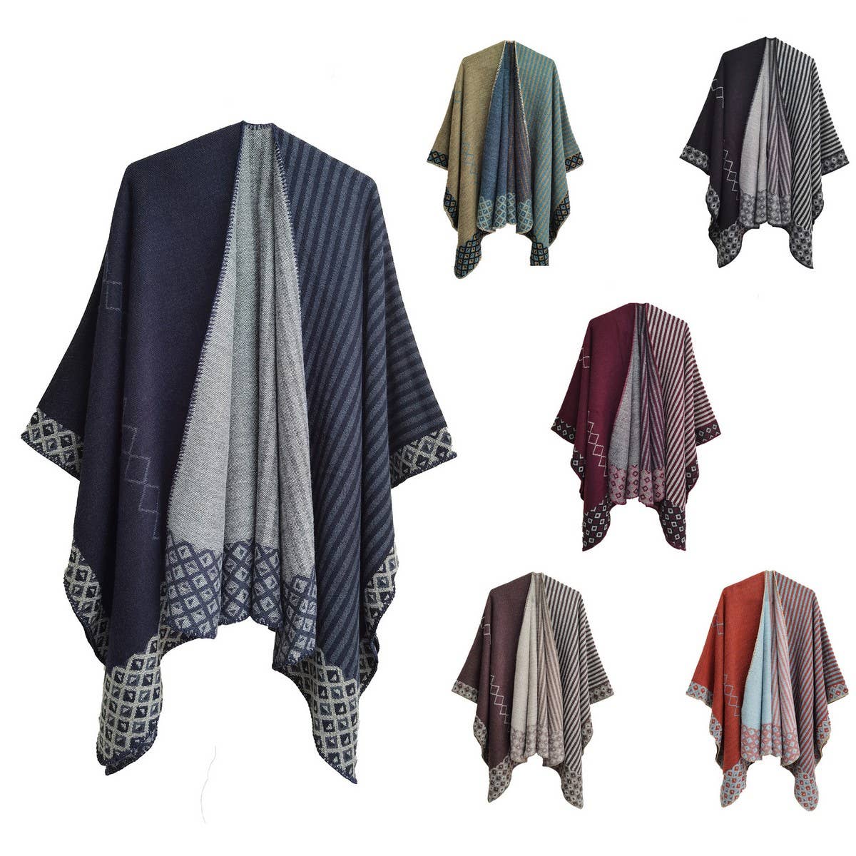 SIMPLE SPLIT SHAWL WITH DIAMOND GEOMETRIC PATTERN_CWASC0289
