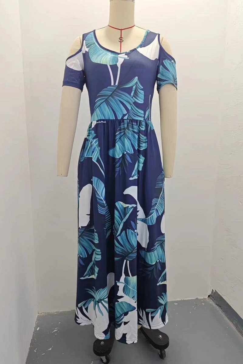 CWDMD2070_ROUND NECK FASHIONABLE SHORT SLEEVE LONG DRESS