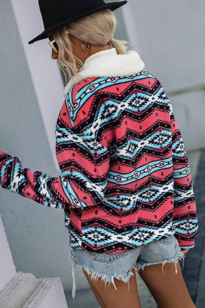 WOMEN ZIPPER GEOMETRIC PRINTED PLUSH JACKET_CWOCO0118