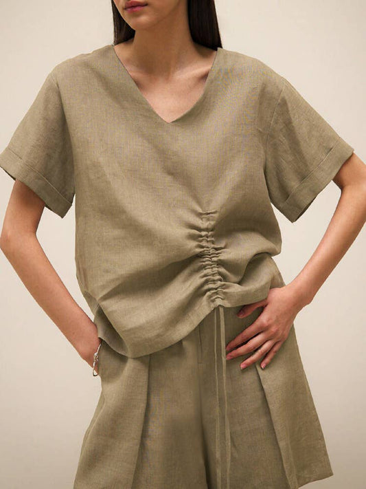 Linen V-neck slouchy commuter blouse