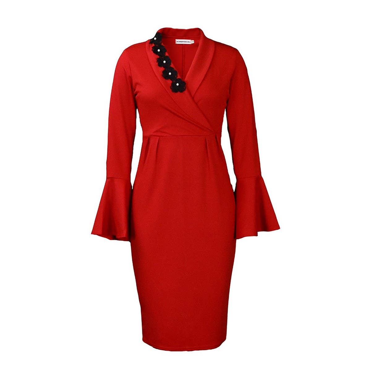 V-NECK ELEGANT TRUMPET SLEEVE SLIT HIP DRESS