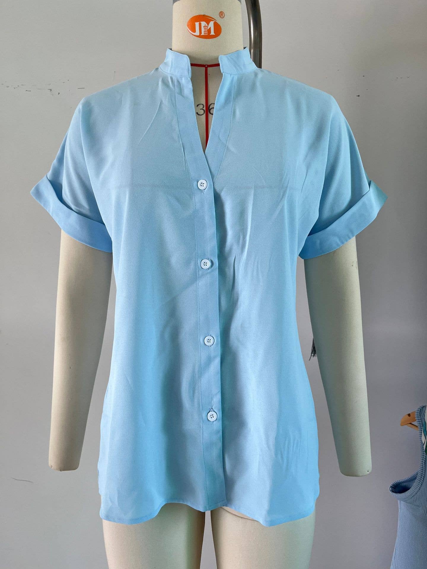 Solid color V-neck short sleeve button chiffon