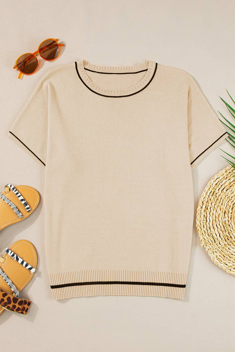 Round-neck,short-sleeved, color-blocked sweater