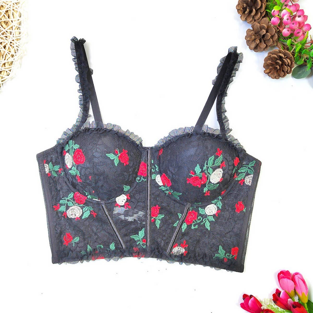 LACE FLORAL EMBROIDERY HERRINGBONE CORSET