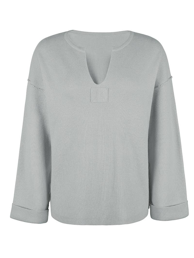 SOLID COLOR V-NECK PULLOVER ROLL SLEEVE SWEATER