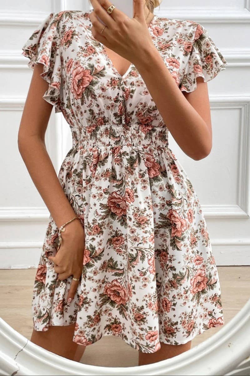 CWDSD8784_SUMMER LACE SLEEVE WAIST FLORAL DRESS