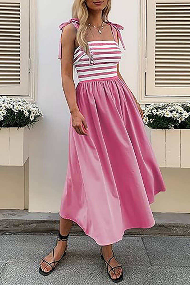 CWDMD5701_SLEEVELESS TIE POCKET STRIPED BEACH DRESS