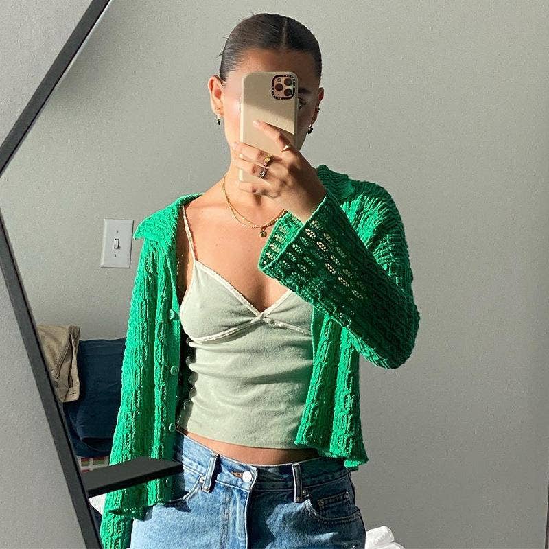 LAPEL HOLLOWED OUT SOLID COLOR BUTTON CARDIGAN