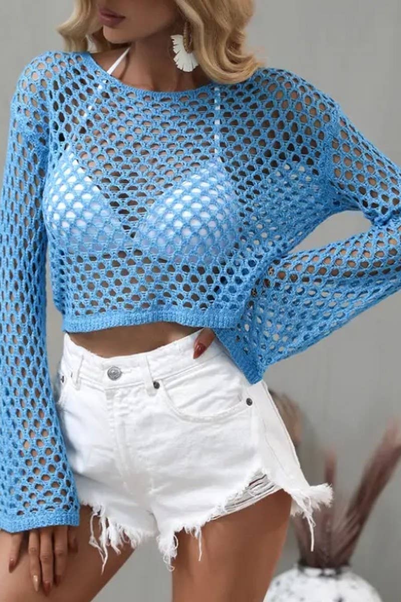CWTSTSL0109_SPRING AND SUMMER CREW NECK HOLLOW KNIT CARDIGAN