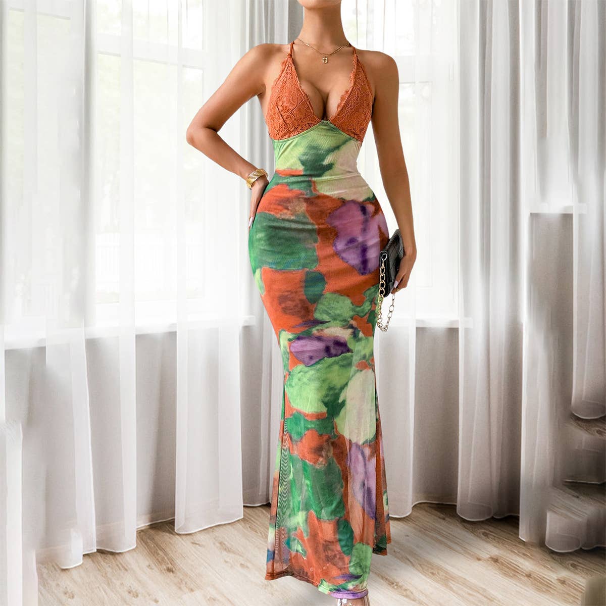 Lace cup-shaped mesh printed fishtail long dress