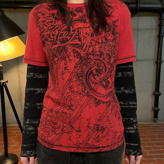 Two retro patchwork printed fake T-shirts