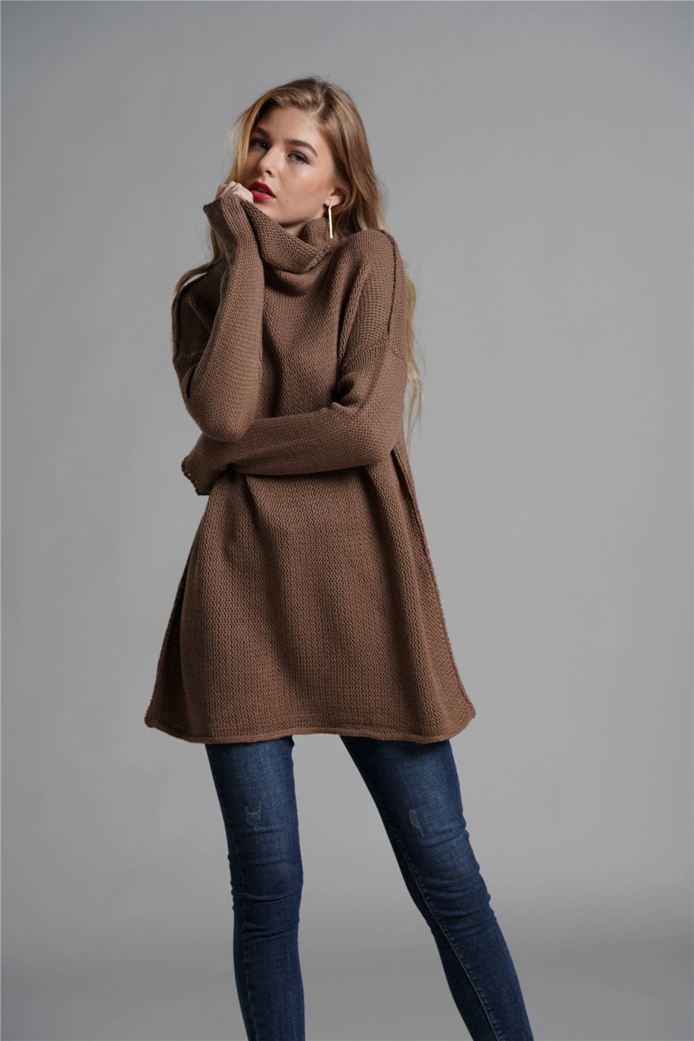 Turtleneck loose solid color sweater for women