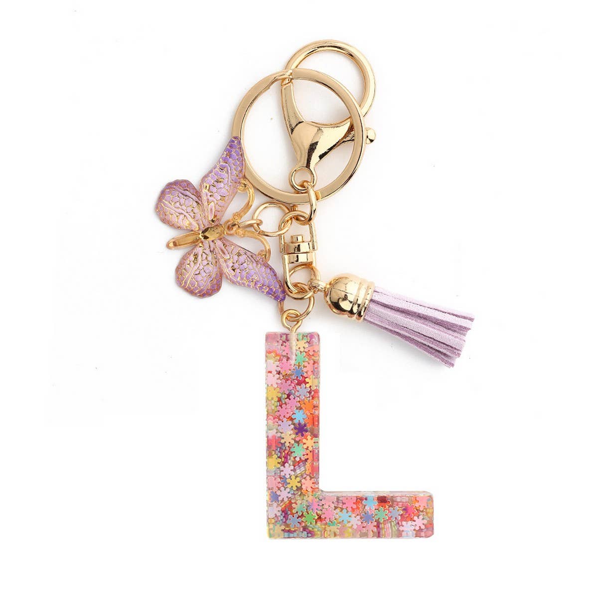 Pink Snowflake Letter Butterfly Keychain_CWMM6865
