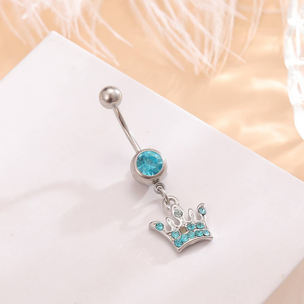 Blue CZ Crown Belly Ring Stainless Steel Piercing_CWMM9318