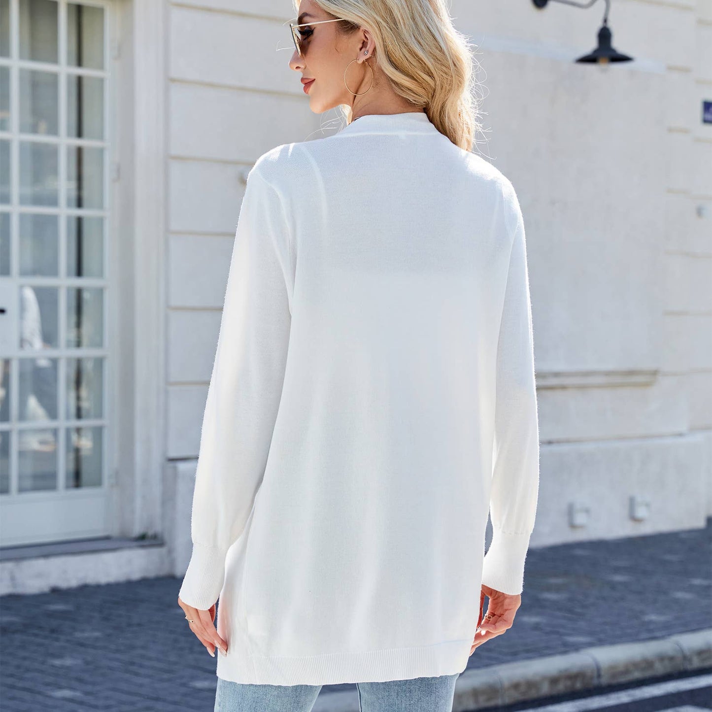 Long knitted striped cardigan without buttons