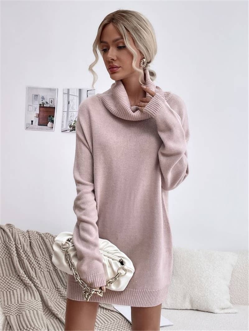 Solid-color loose high-neck knitted dress