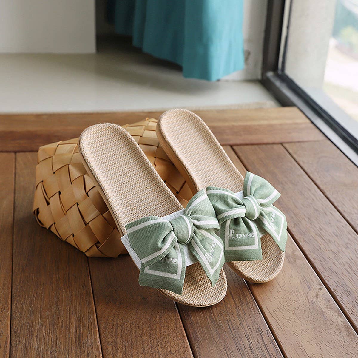 Linen Bow Slippers with Soft Anti-Slip Sole