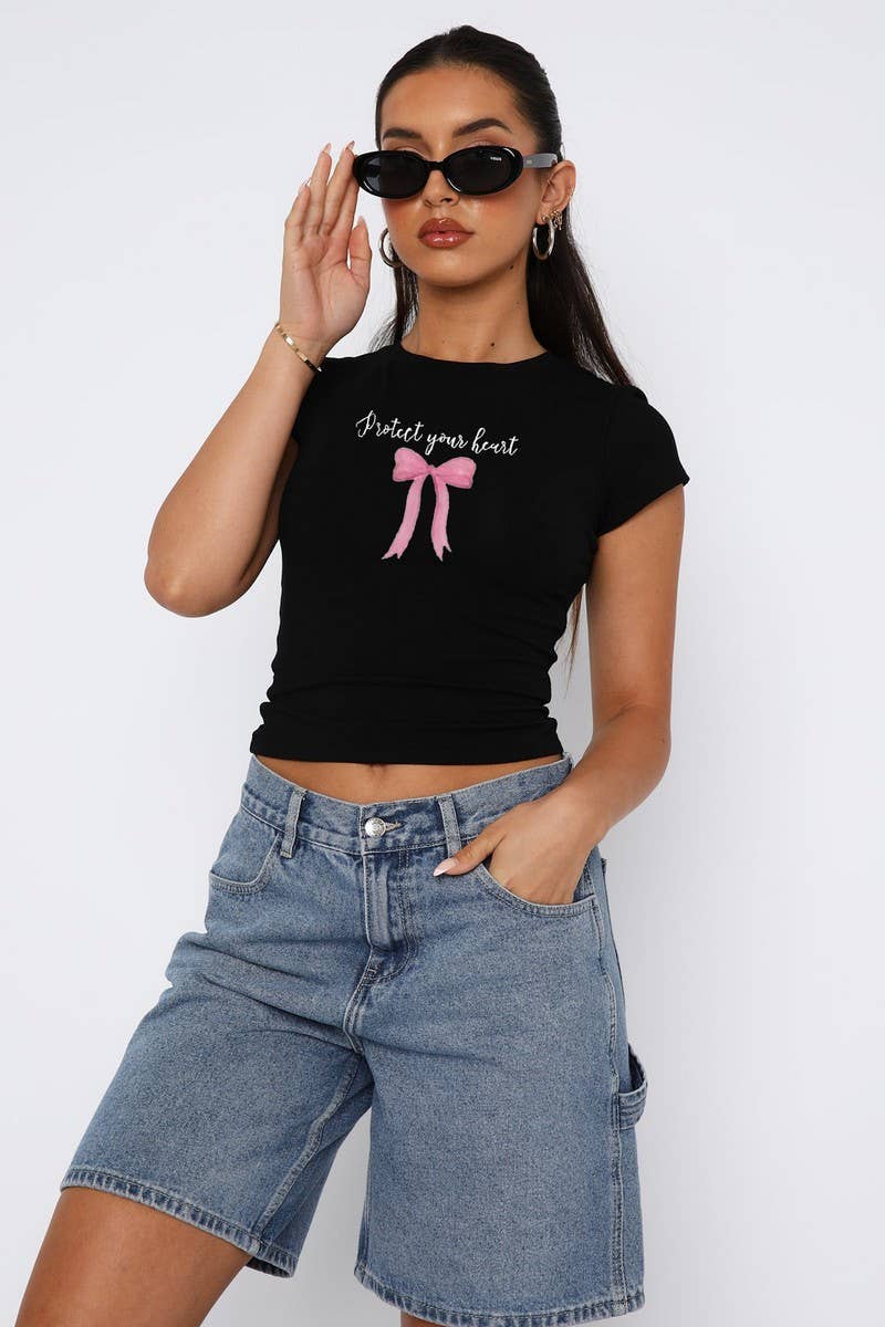 Cwtts1572_Printed Crew Neck Slim Fit Crop Top Tee