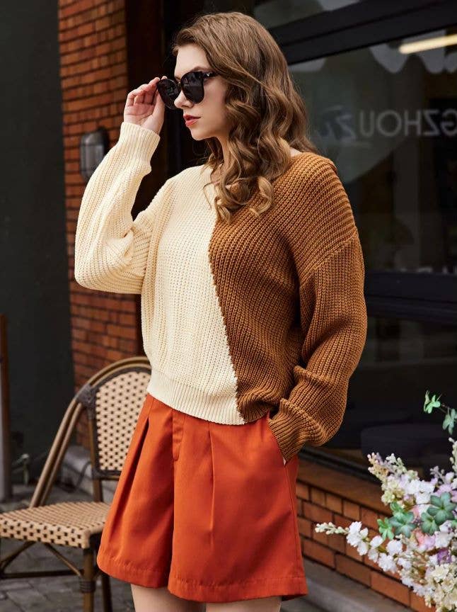 LONG SLEEVE COLOR CONTRAST V-NECK SWEATER