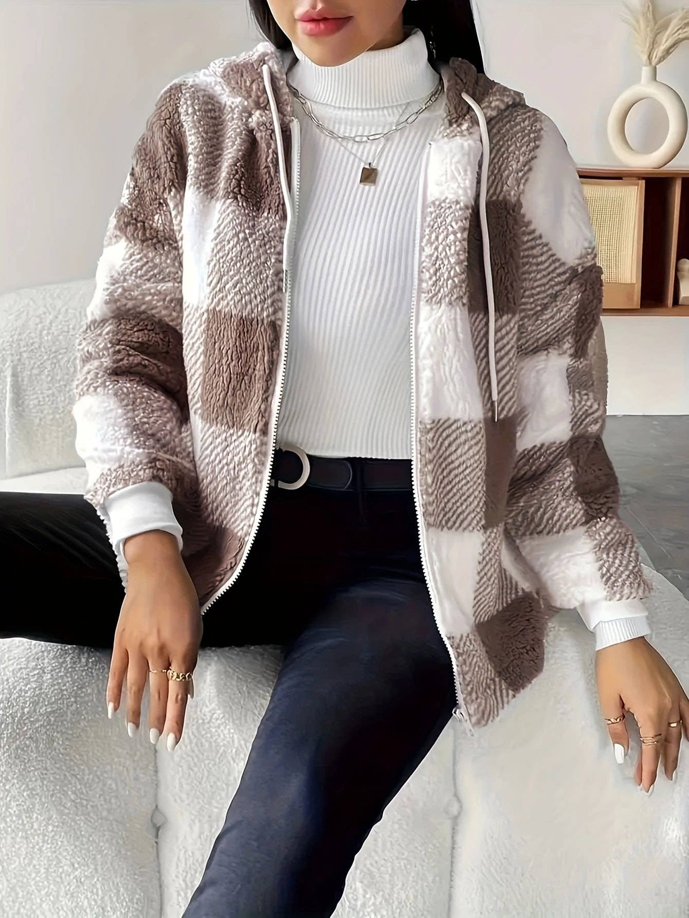 TEMPERAMENT PLAID LOOSE CASUAL HOODED CARDIGAN