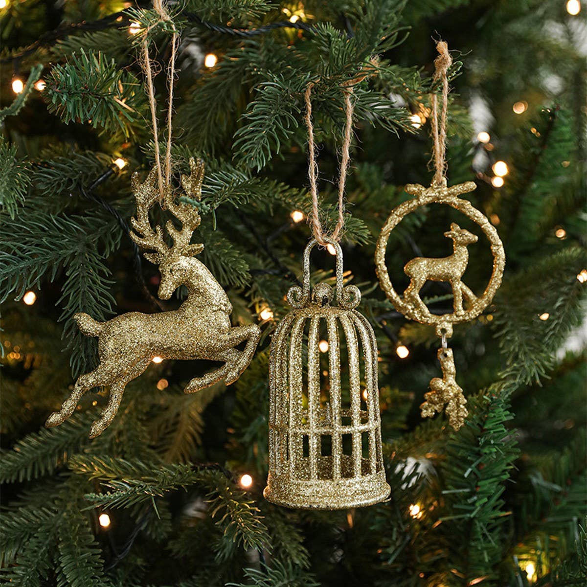 Gold Glitter Plastic Reindeer Christmas Ornament