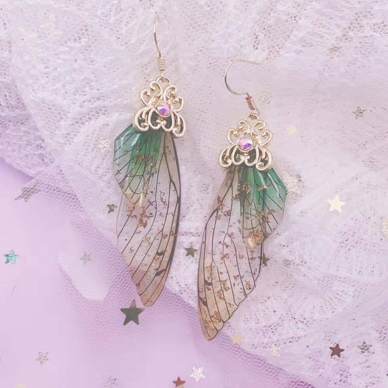 Elegant long earrings with cicada wing wings