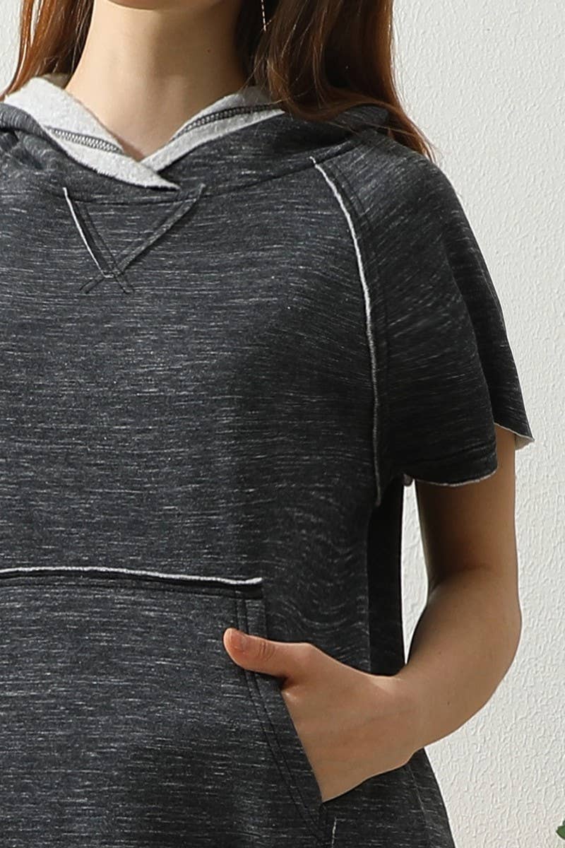 CWOHOS010_SHORT SLEEVE HOODIE SWEATSHIRT KANGAROO POCKET