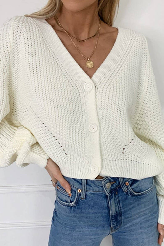 Solid color V-neck lantern sleeve button knit cardigan