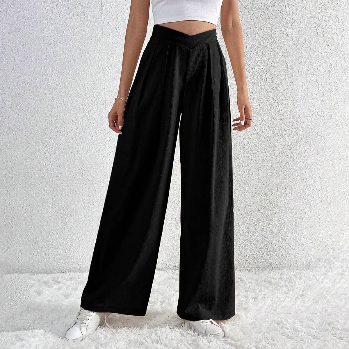 ASYMMETRICAL WAIST PLEATS CASUAL WIDE LEG SLACKS_CWBLP0603
