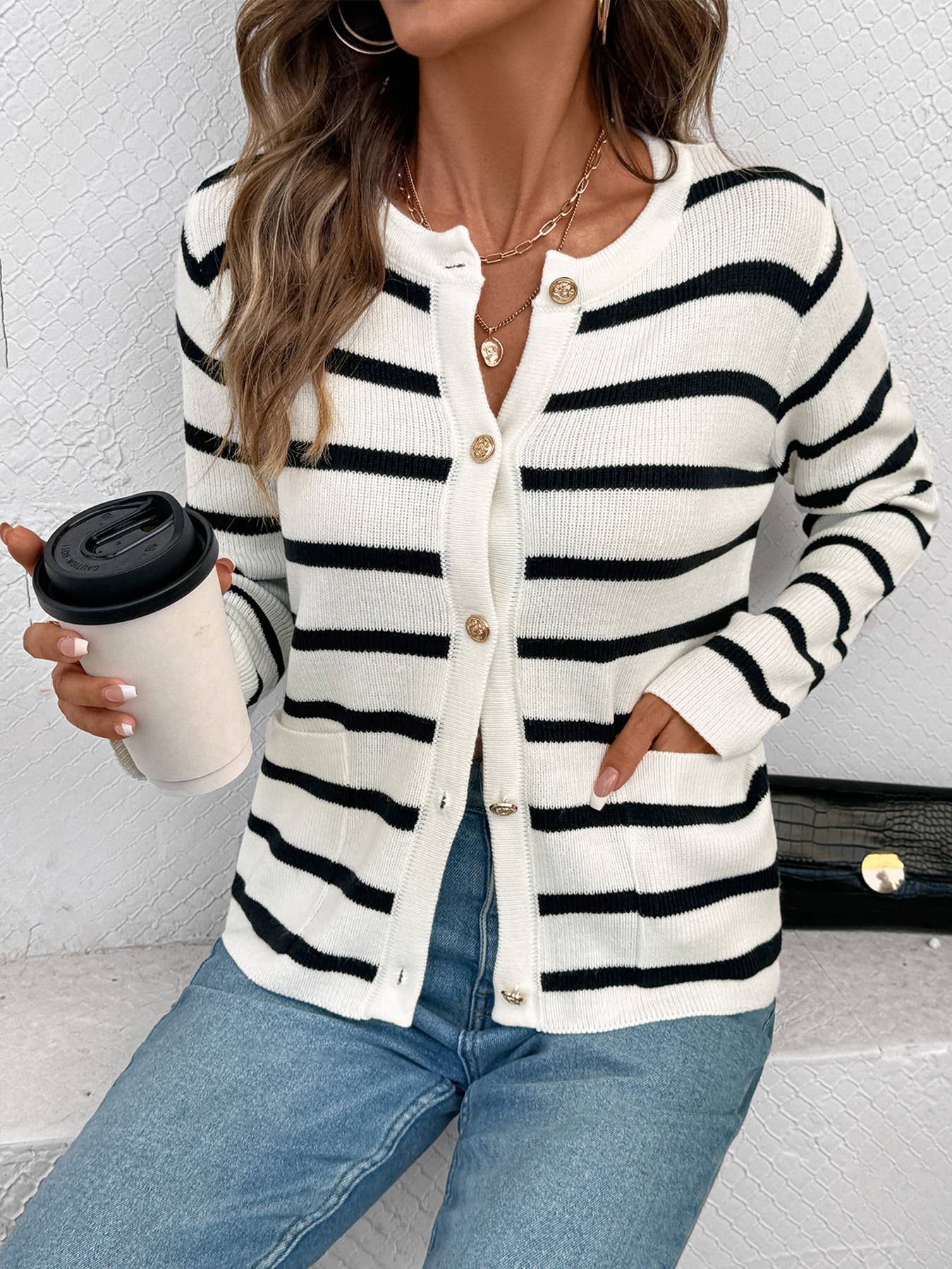 Striped color-blocking long sleeve knit cardigan