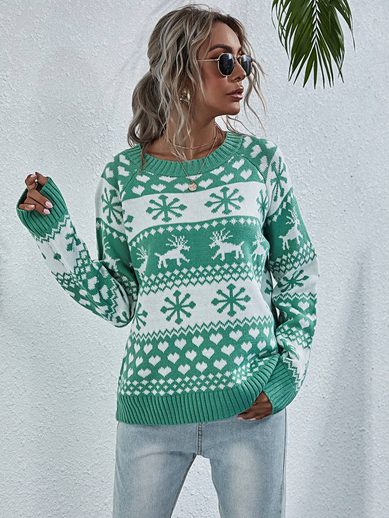 KNIT CREW NECK CHRISTMAS SNOWFLAKE PULLOVER