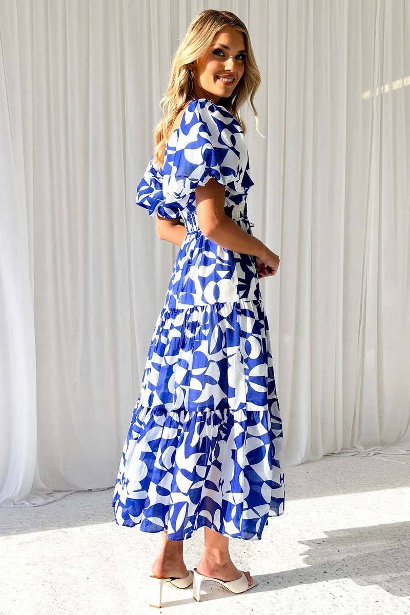 One line shoulder puffed up sleeve waist big swing longdress