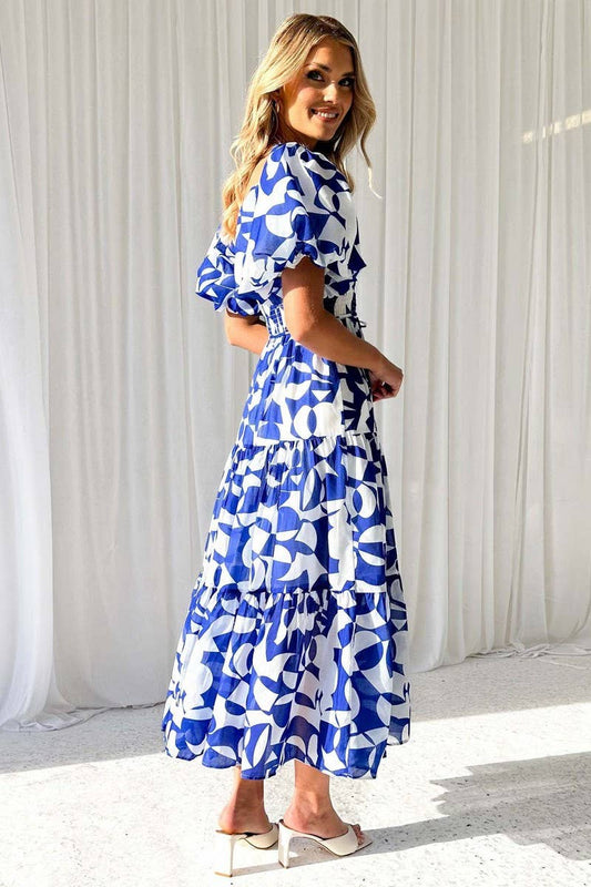 One line shoulder puffed up sleeve waist big swing longdress