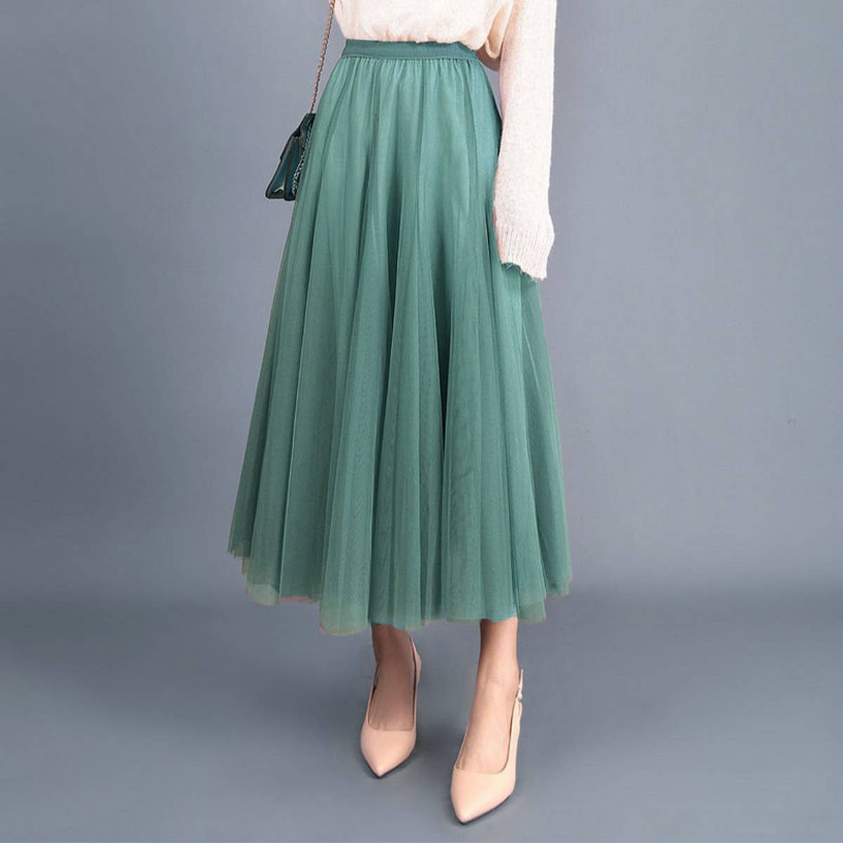 High-Waist Tulle A-Line Pleated Midi Skirt