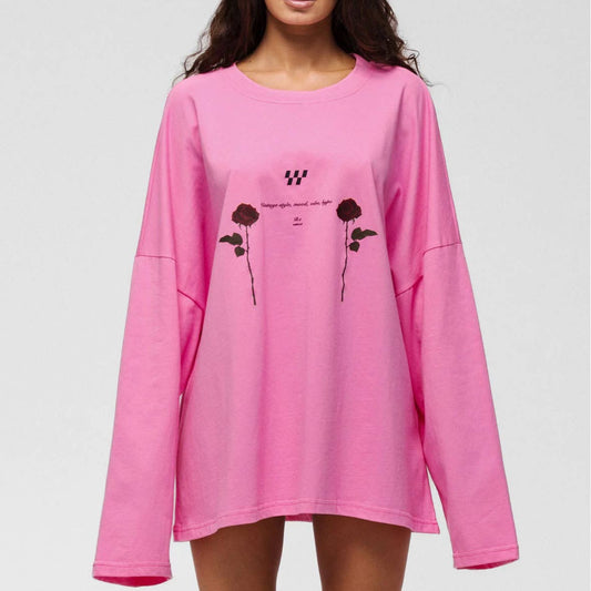 Round-neck rose printed long sleeve knit sweater