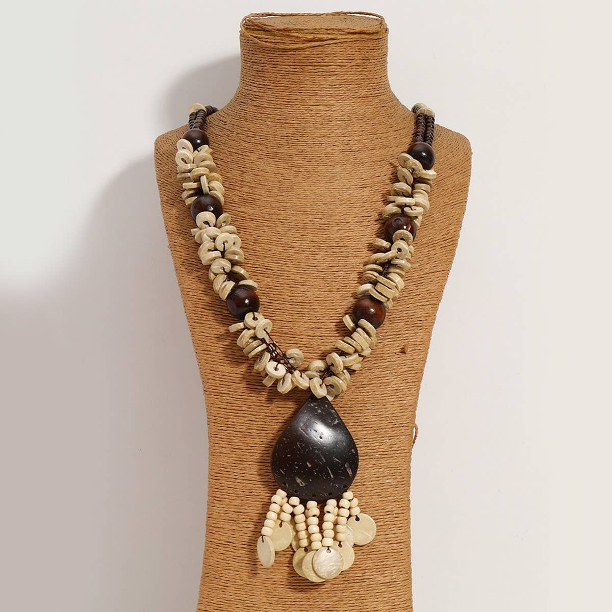 VINTAGE WOODEN BEAD COCONUT SHELL NECKLACE